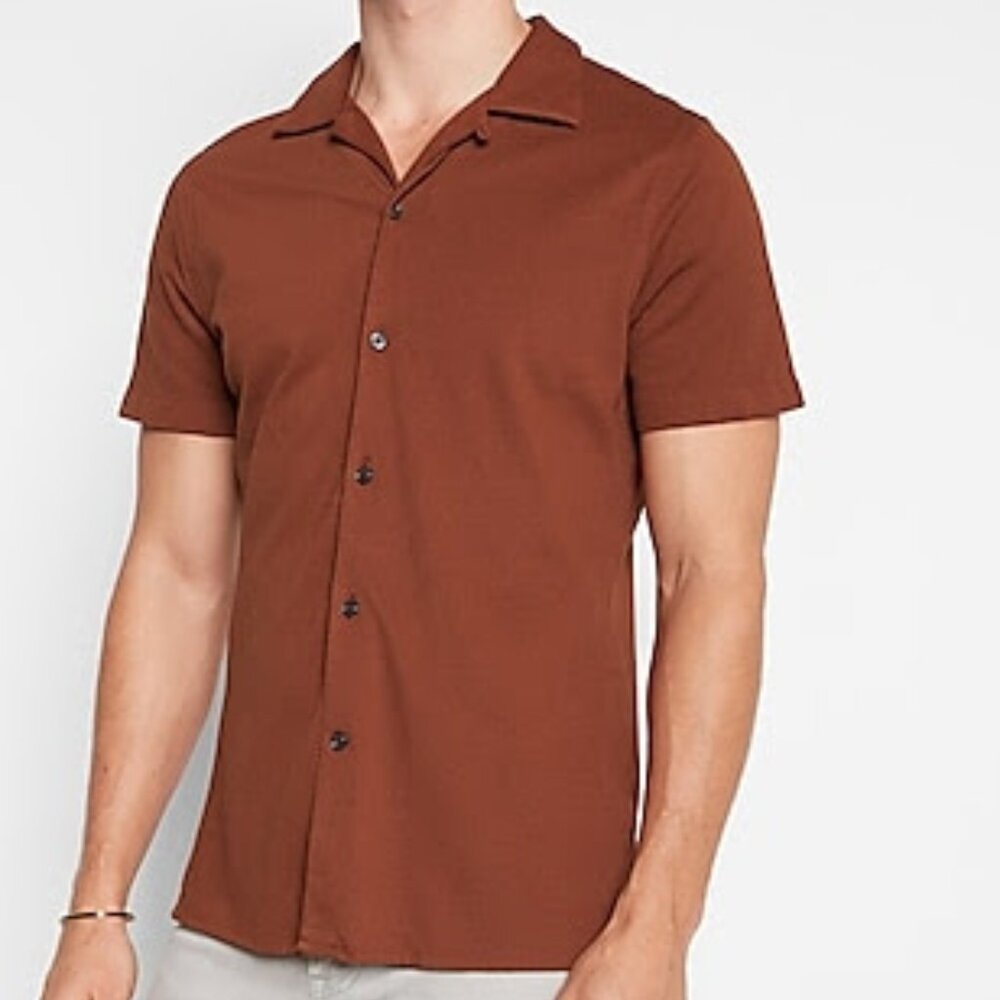 NEW Express Slim Solid Luxe Pique Short Sleeve Shirt